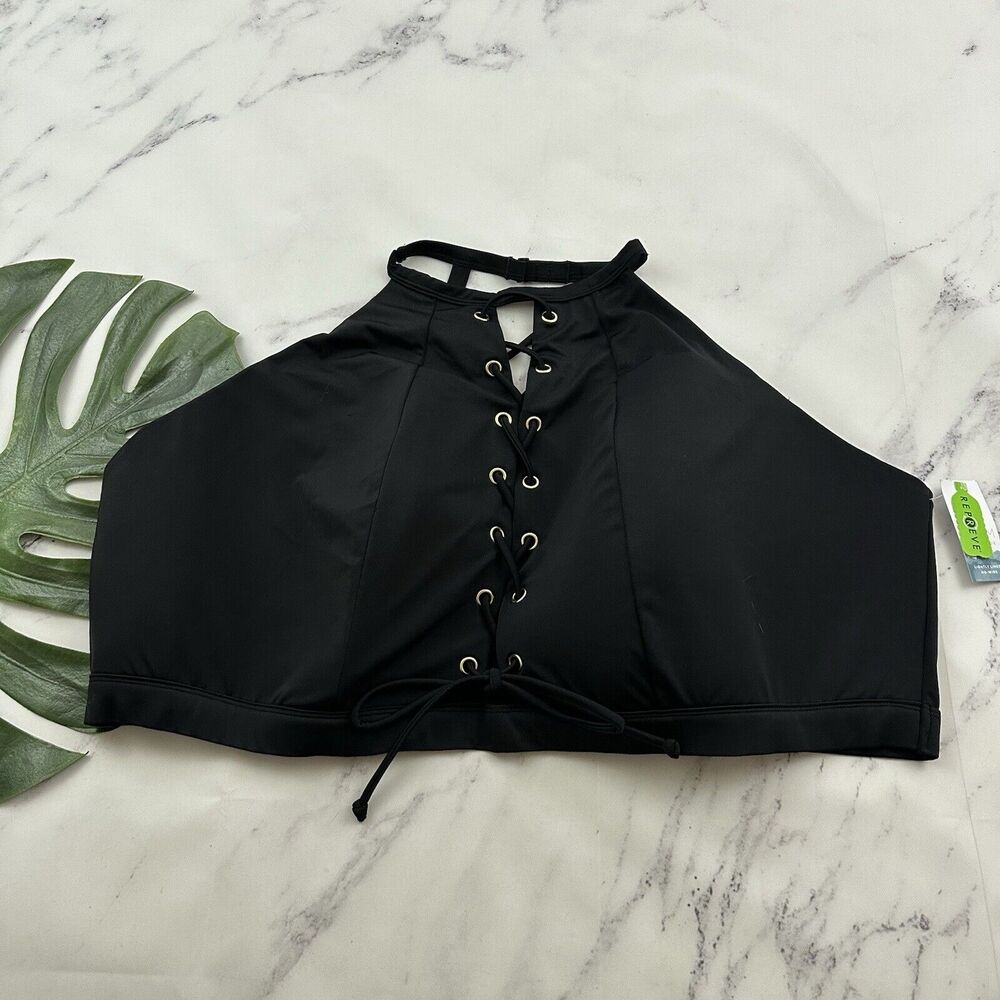 Cacique Lightly Lined No Wire Bikini Swim Top Plus Size 36 New Black Lace Up